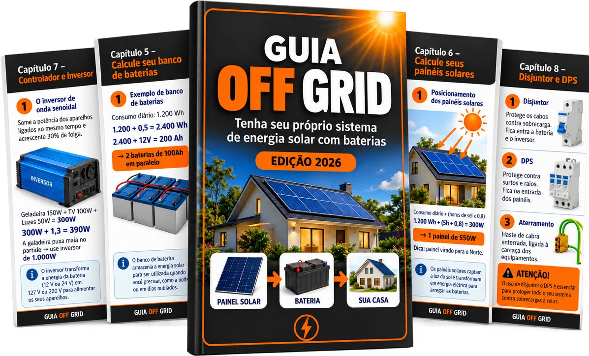 Guia Off Grid — capa da apostila e páginas de capítulos de energia solar